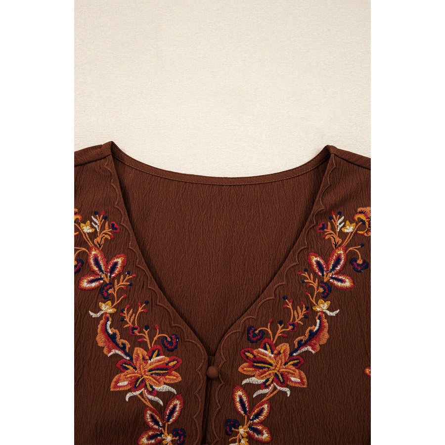Burgundy Floral Embroidered Tassel Tie Waist Long Sleeve Mini Dress Dresses/Mini Dresses