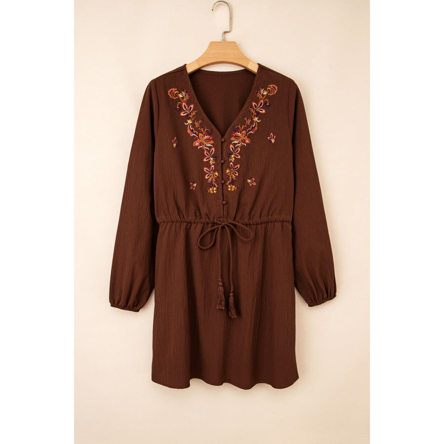 Burgundy Floral Embroidered Tassel Tie Waist Long Sleeve Mini Dress Dresses/Mini Dresses
