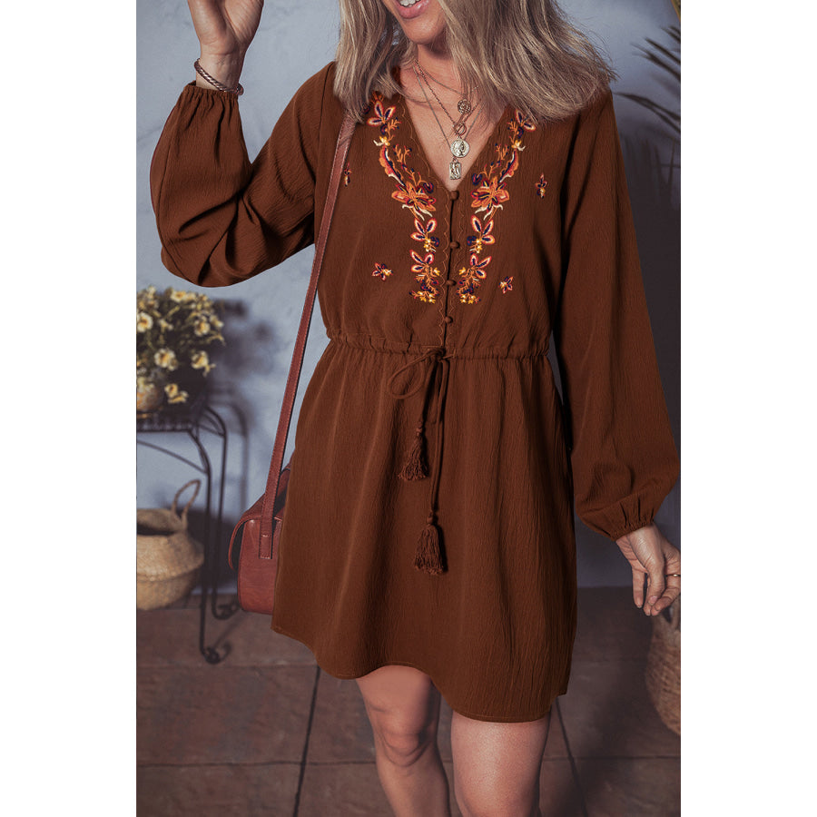 Burgundy Floral Embroidered Tassel Tie Waist Long Sleeve Mini Dress Burgundy / S / 97% Polyester + 3% Elastane Dresses/Mini Dresses