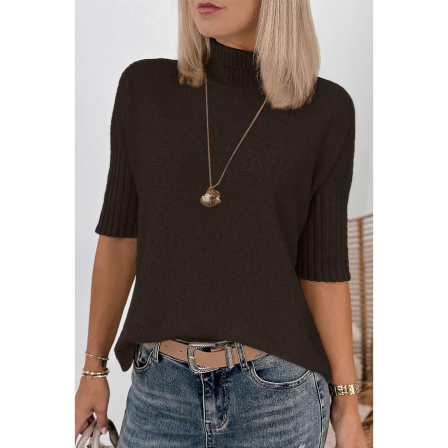 Burgundy Ribbed Trim High Neck Short Sleeve Casual Sweater Dark Brown / S / 70% Polyester + 20% Acrylic + 10% Polyamide Sweaters &