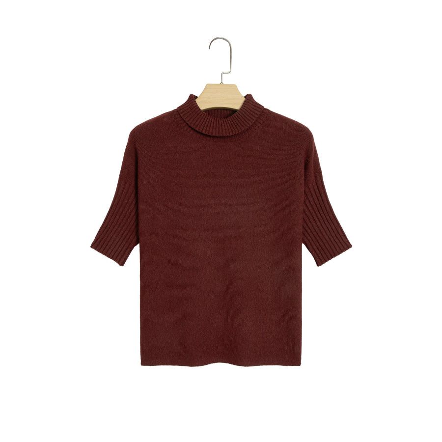 Burgundy Ribbed Trim High Neck Short Sleeve Casual Sweater Sweaters & Cardigans/Short