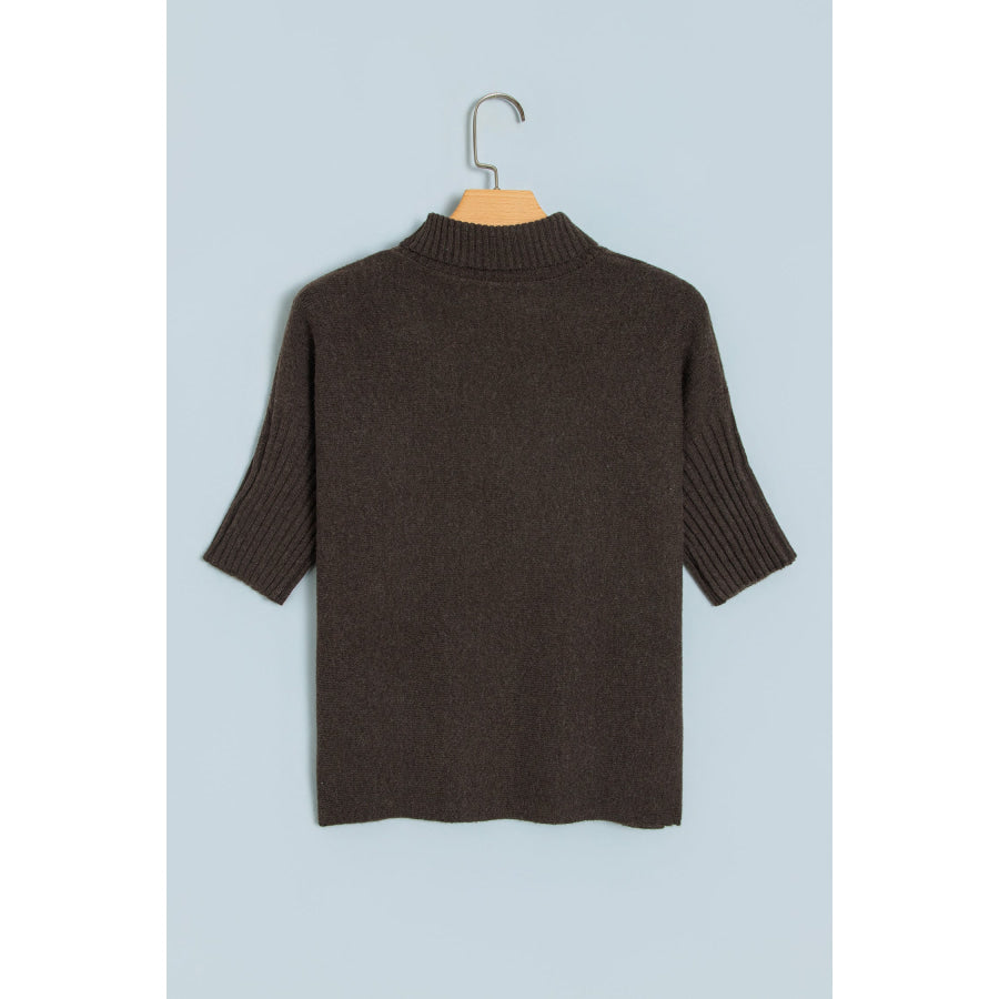Burgundy Ribbed Trim High Neck Short Sleeve Casual Sweater Sweaters & Cardigans/Short