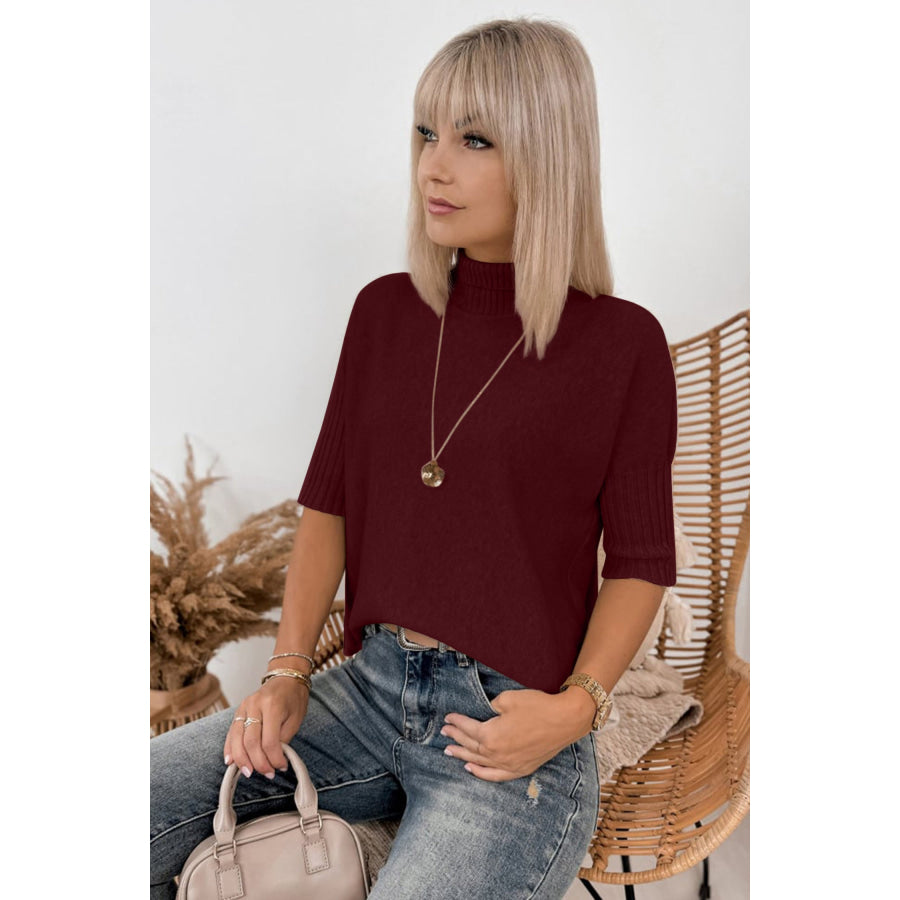 Burgundy Ribbed Trim High Neck Short Sleeve Casual Sweater Sweaters & Cardigans/Short