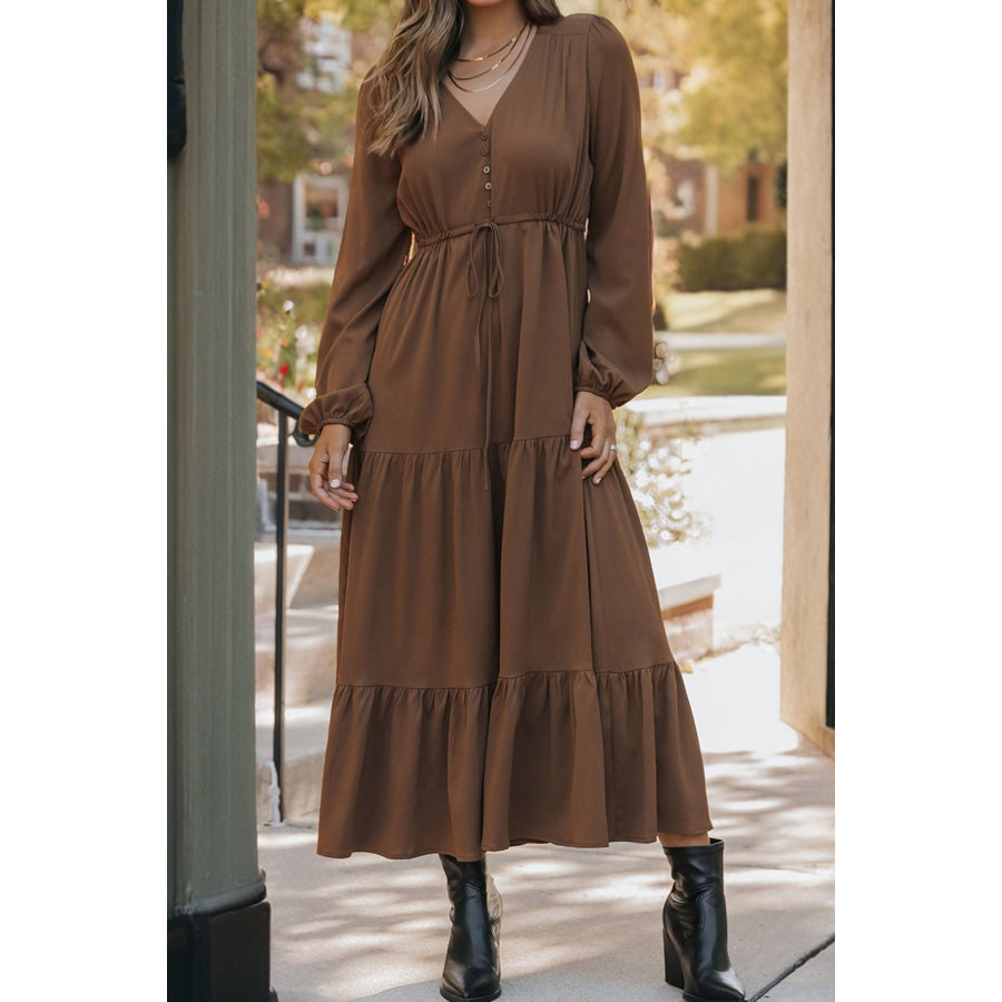 Burgundy Solid Long Sleeve Button V Neck Tiered Maxi Dress Chestnut / S / 100% Polyester Dresses/Maxi Dresses