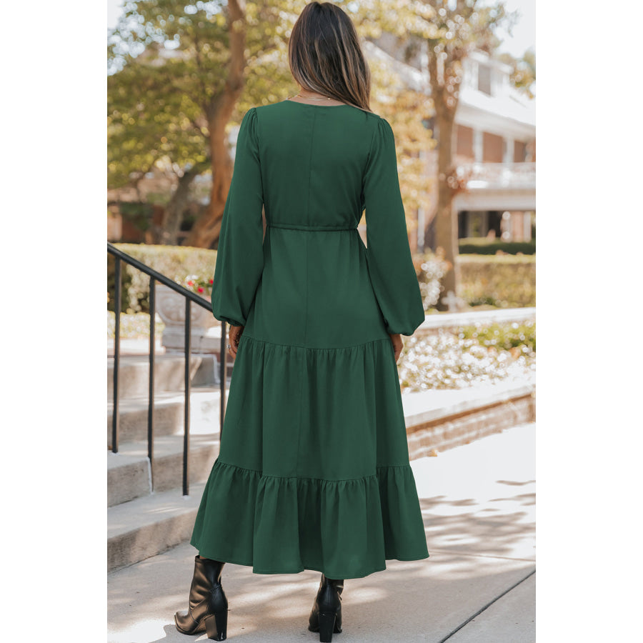 Burgundy Solid Long Sleeve Button V Neck Tiered Maxi Dress Dresses/Maxi Dresses