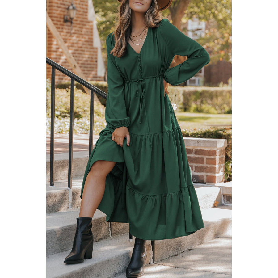 Burgundy Solid Long Sleeve Button V Neck Tiered Maxi Dress Dresses/Maxi Dresses