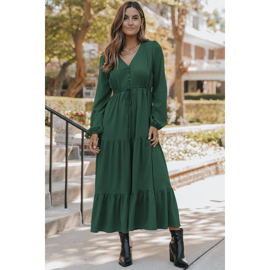 Burgundy Solid Long Sleeve Button V Neck Tiered Maxi Dress Dresses/Maxi Dresses