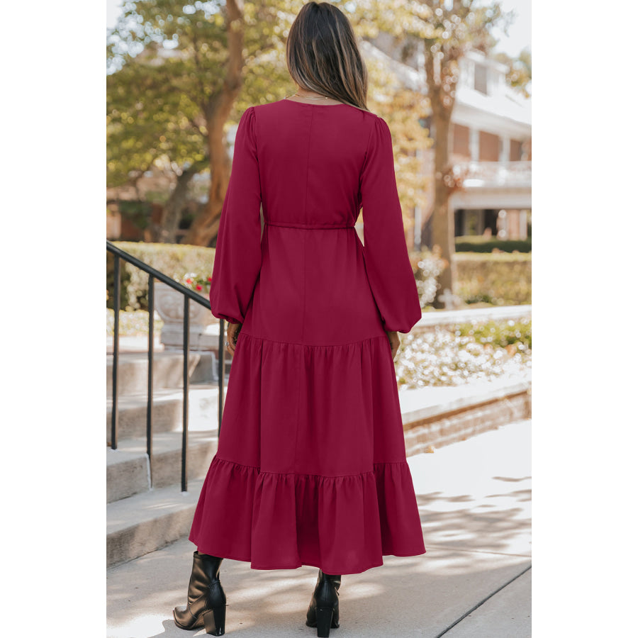 Burgundy Solid Long Sleeve Button V Neck Tiered Maxi Dress Dresses/Maxi Dresses