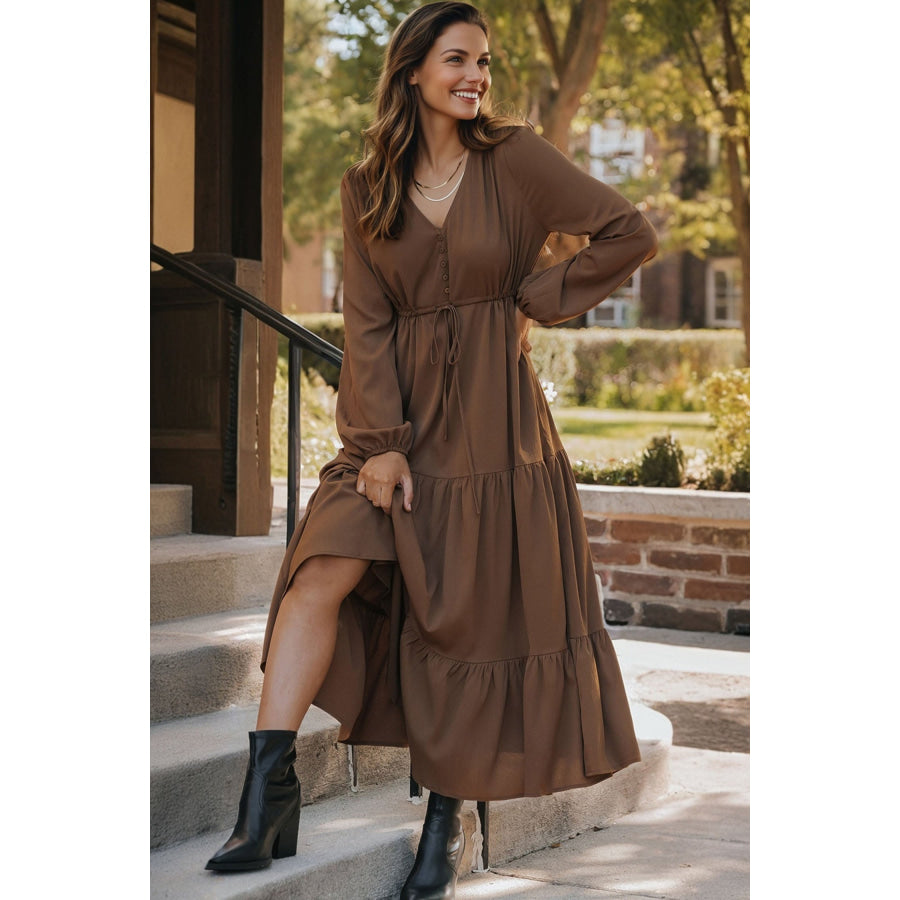 Burgundy Solid Long Sleeve Button V Neck Tiered Maxi Dress Dresses/Maxi Dresses