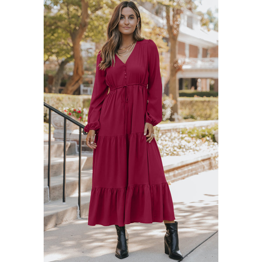 Burgundy Solid Long Sleeve Button V Neck Tiered Maxi Dress Dresses/Maxi Dresses