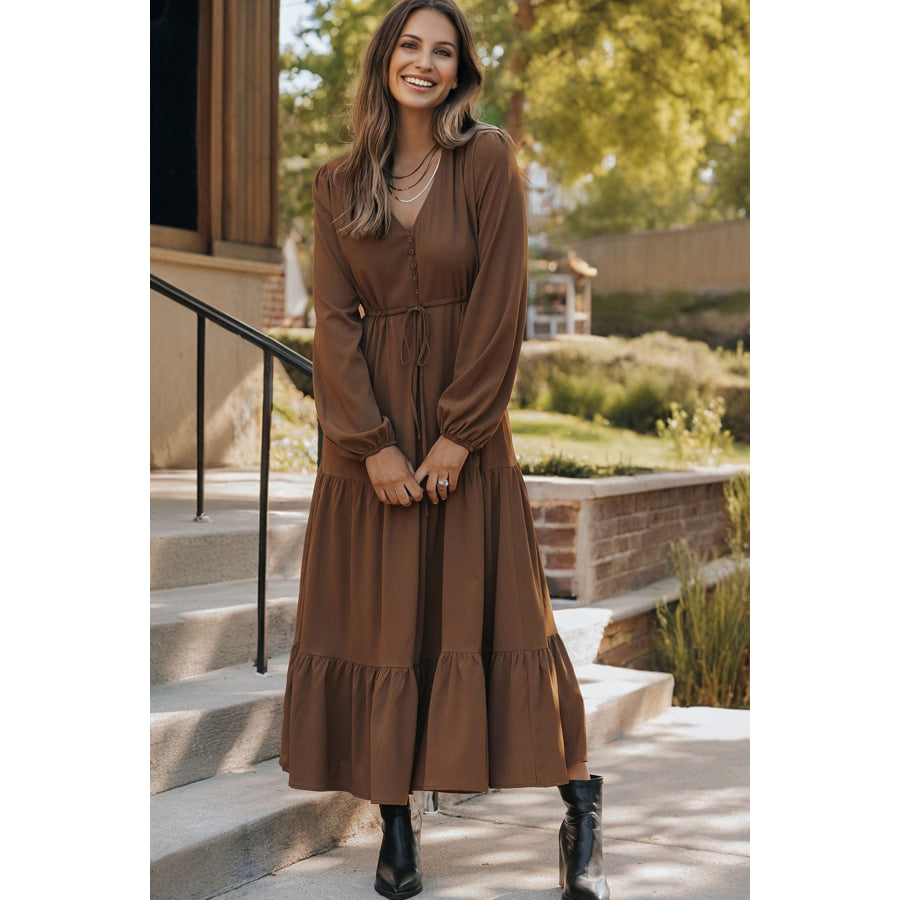 Burgundy Solid Long Sleeve Button V Neck Tiered Maxi Dress Dresses/Maxi Dresses