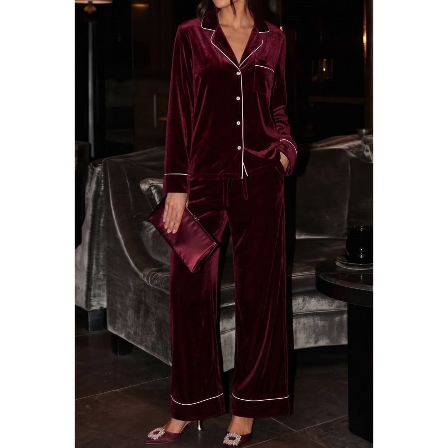 Burgundy Velvet Long Sleeve Top and Pants Two Piece Casual Lounge Set Loungewear & Sleepwear/Loungewear