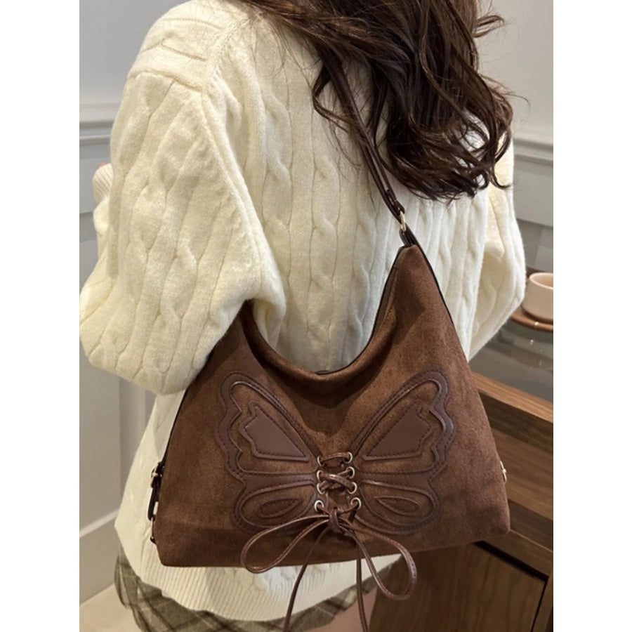 Butterfly Decor Lace-Up Shoulder Bag Brown / One Size Apparel and Accessories