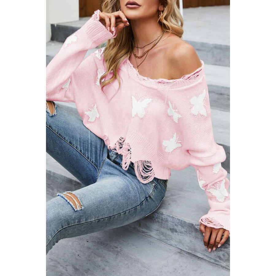 Butterfly Distressed Dropped Shoulder Sweater Apparel and Accessories