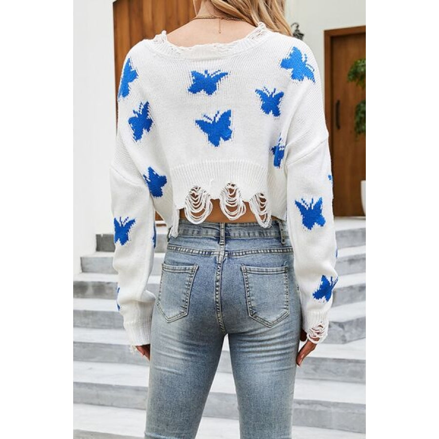 Butterfly Distressed Dropped Shoulder Sweater White / S Apparel and Accessories