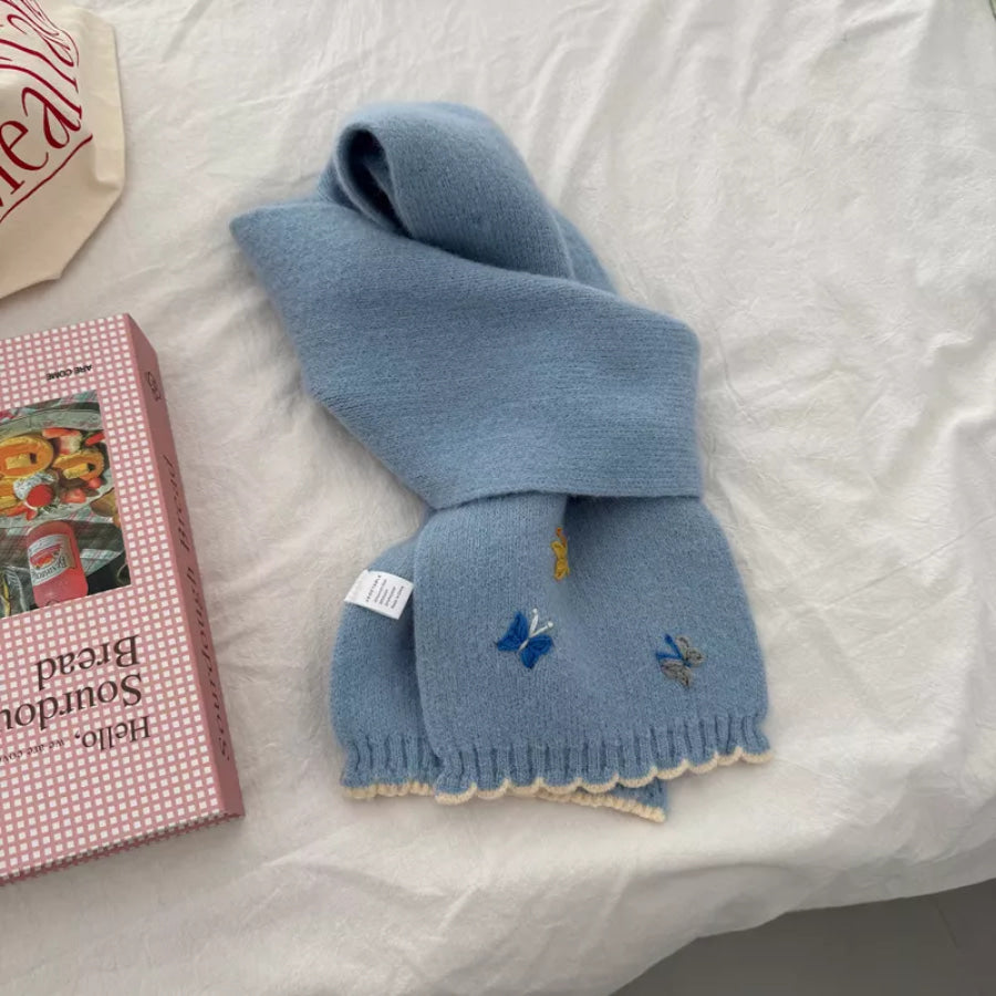 Butterfly Embroidered Knitted Scarf Blue / ONESIZE Apparel and Accessories