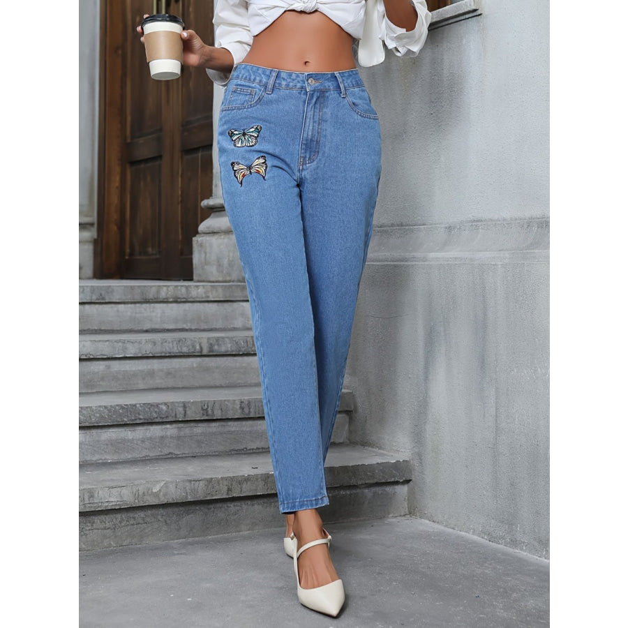 Butterfly Embroidered Straight Leg Jeans Apparel and Accessories