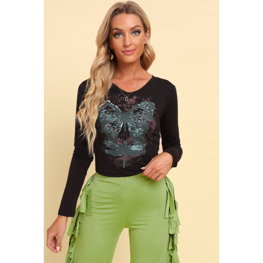 Butterfly Graphic Long Sleeve Cropped Top Black / M