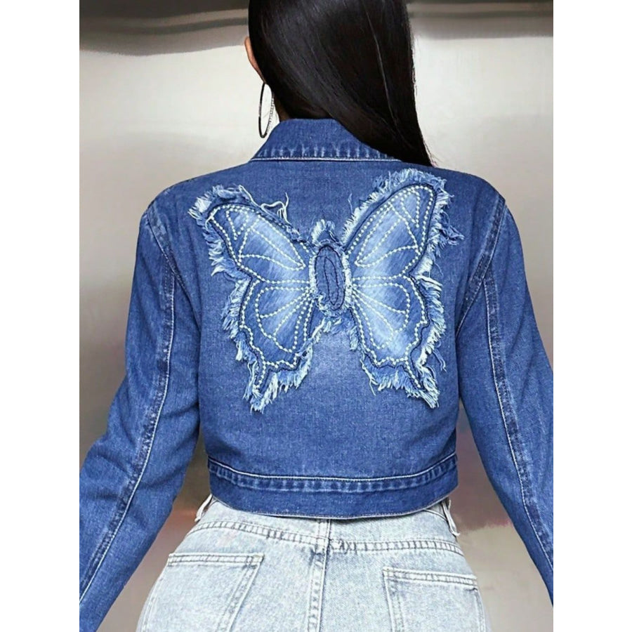 Butterfly Patch Long Sleeve Cropped Denim Top Apparel and Accessories