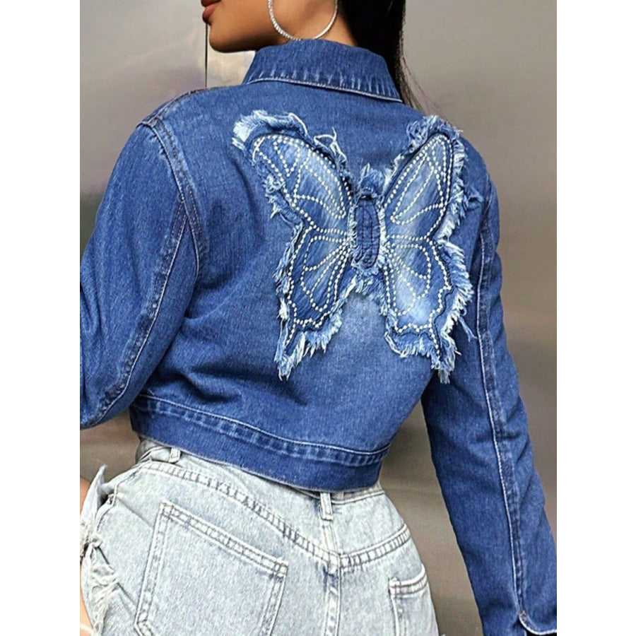 Butterfly Patch Long Sleeve Cropped Denim Top Apparel and Accessories