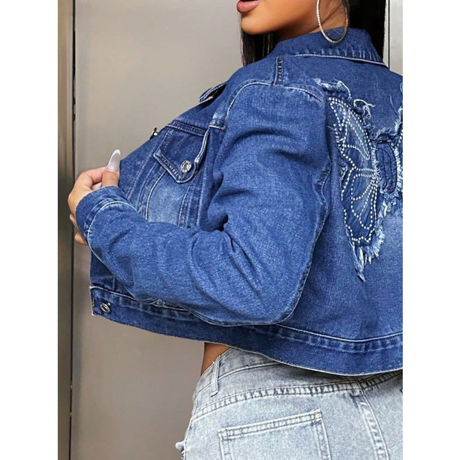 Butterfly Patch Long Sleeve Cropped Denim Top Apparel and Accessories