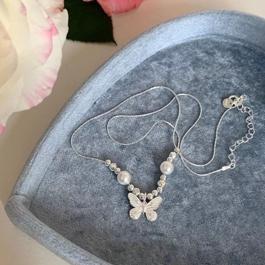Butterfly Pearl Pendant Necklace Silver / One Size Apparel and Accessories