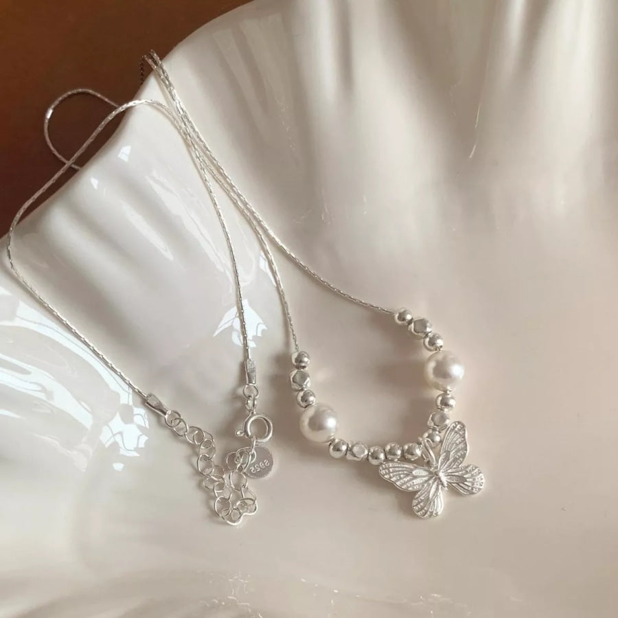 Butterfly Pearl Pendant Necklace Silver / One Size Apparel and Accessories
