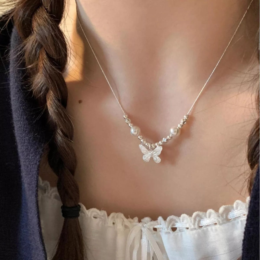 Butterfly Pearl Pendant Necklace Silver / One Size Apparel and Accessories
