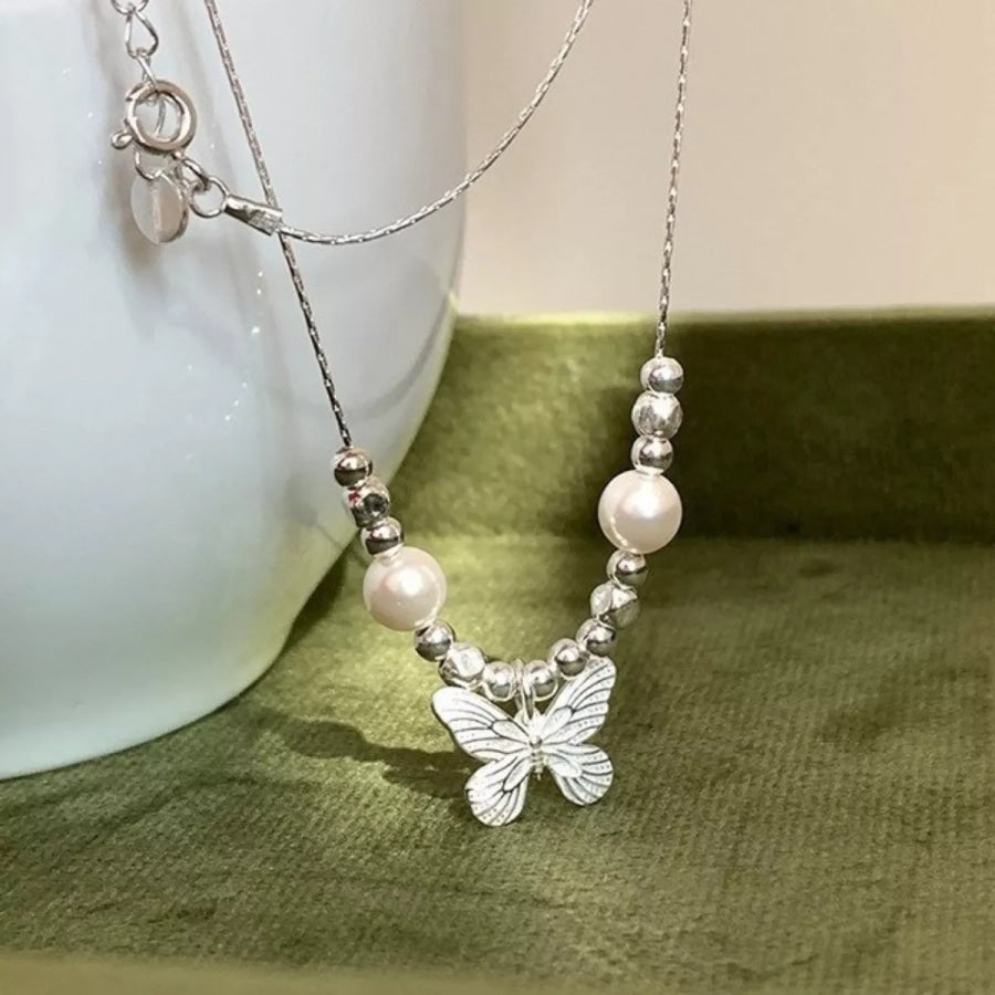 Butterfly Pearl Pendant Necklace Silver / One Size Apparel and Accessories