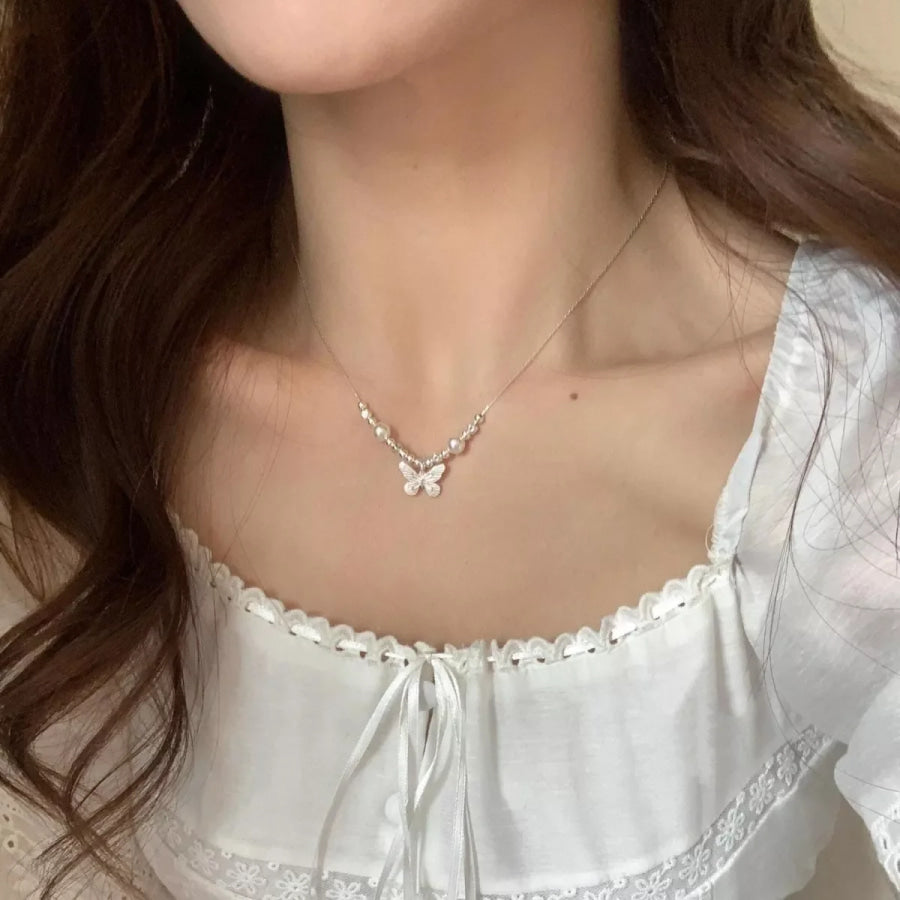 Butterfly Pearl Pendant Necklace Silver / One Size Apparel and Accessories