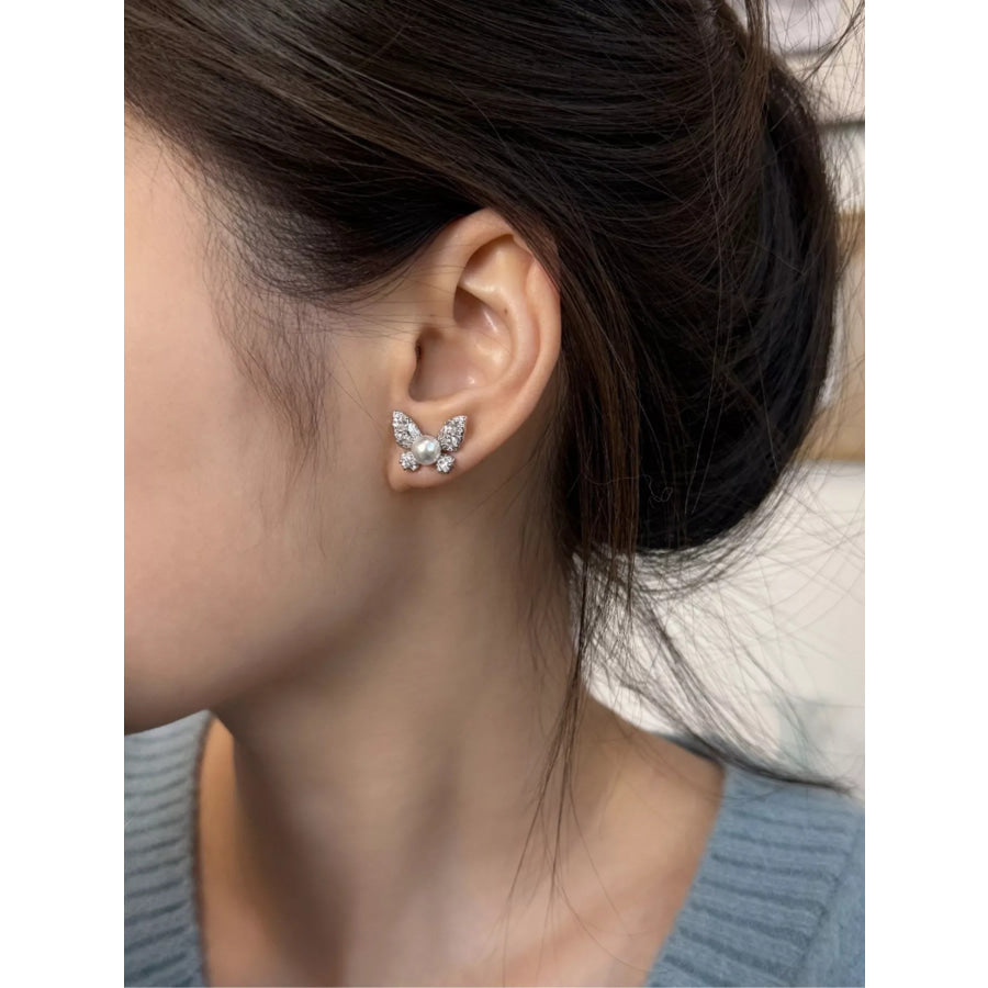 Butterfly Pearl Stud Earrings Silver / One Size Apparel and Accessories