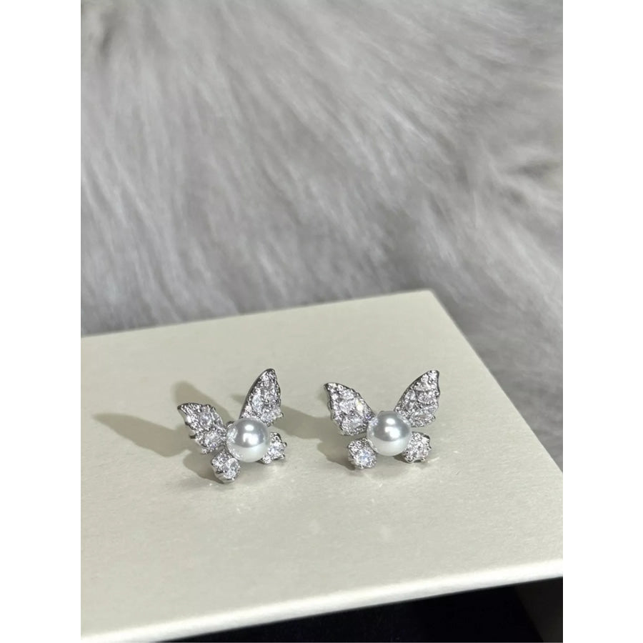 Butterfly Pearl Stud Earrings Silver / One Size Apparel and Accessories