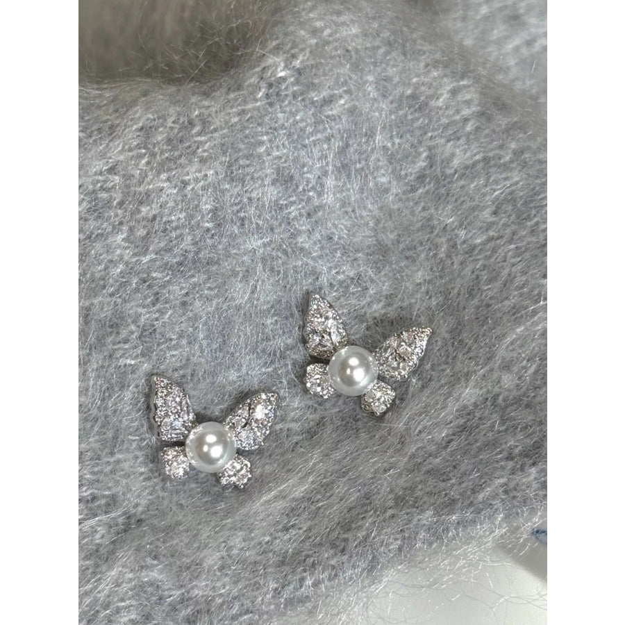 Butterfly Pearl Stud Earrings Silver / One Size Apparel and Accessories