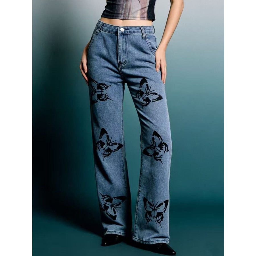 Butterfly Print High-Waisted Wide Leg Jeans Apparel and Accessories