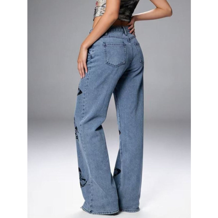 Butterfly Print High-Waisted Wide Leg Jeans Apparel and Accessories