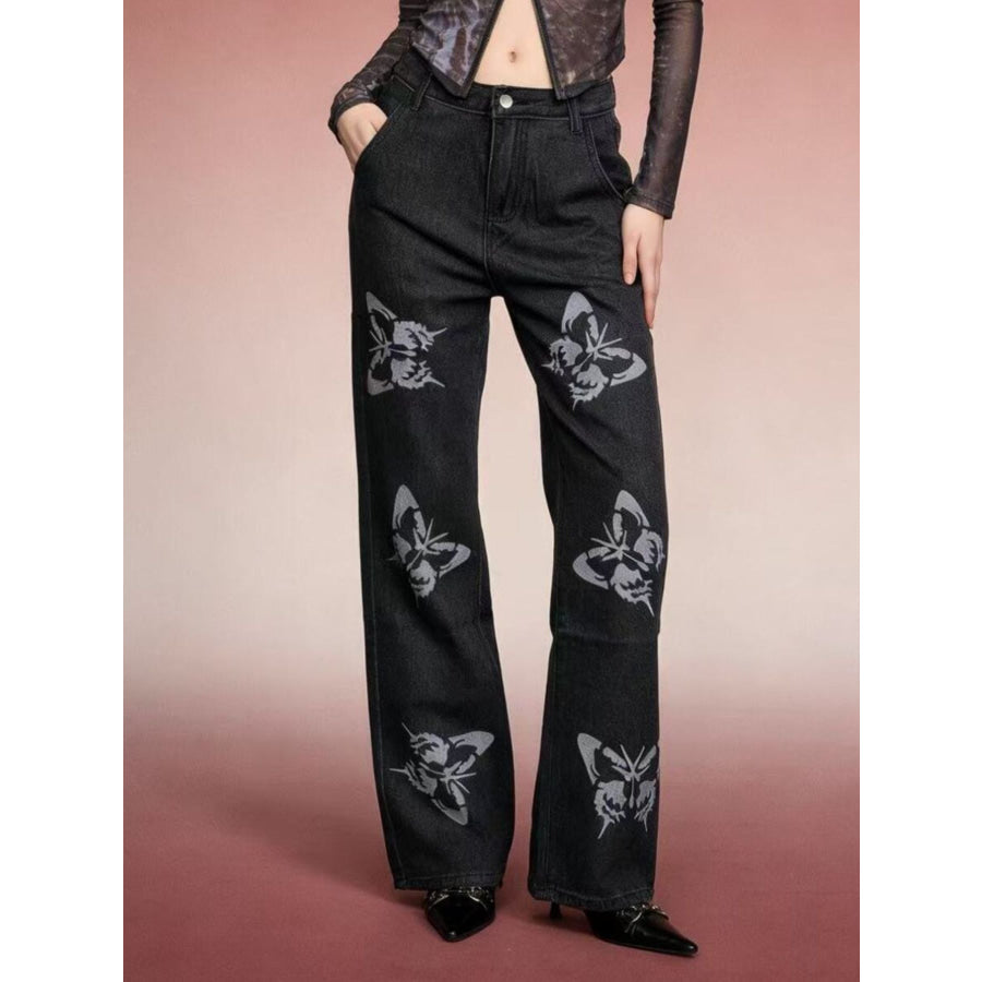 Butterfly Print High-Waisted Wide Leg Jeans Apparel and Accessories