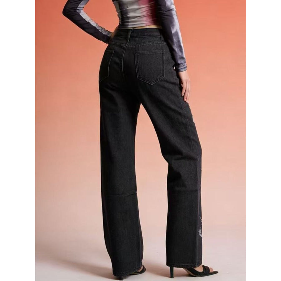 Butterfly Print High-Waisted Wide Leg Jeans Apparel and Accessories