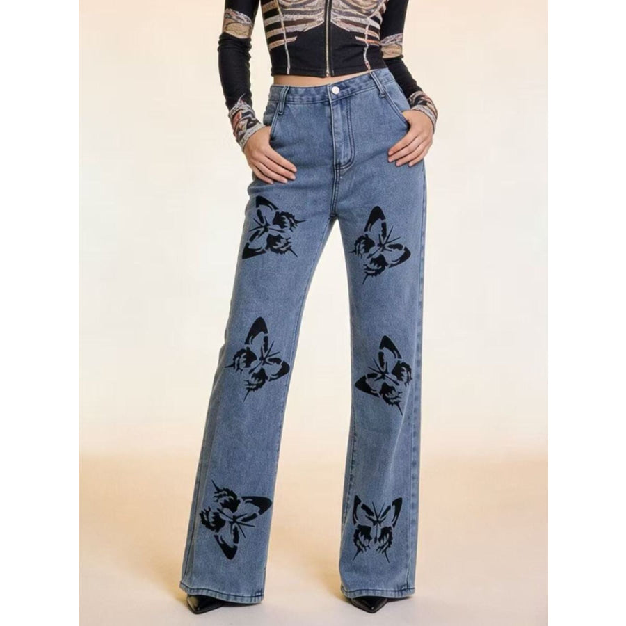 Butterfly Print High-Waisted Wide Leg Jeans Apparel and Accessories