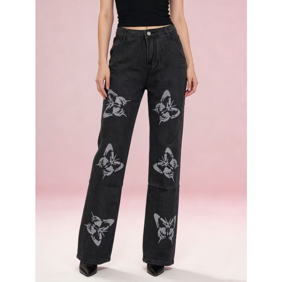 Butterfly Print High-Waisted Wide Leg Jeans Apparel and Accessories
