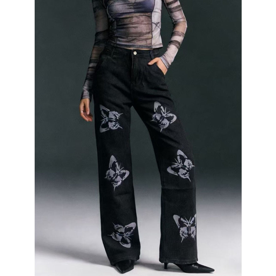 Butterfly Print High-Waisted Wide Leg Jeans Black / S Apparel and Accessories