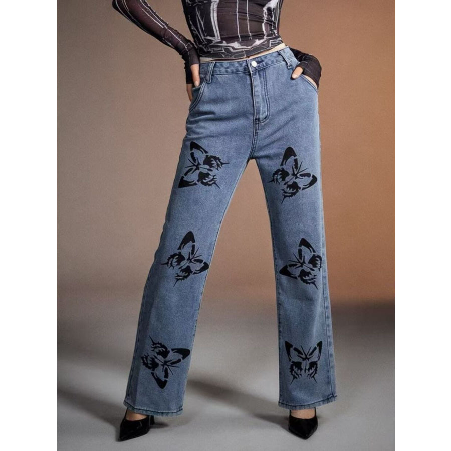 Butterfly Print High-Waisted Wide Leg Jeans Sky Blue / S Apparel and Accessories