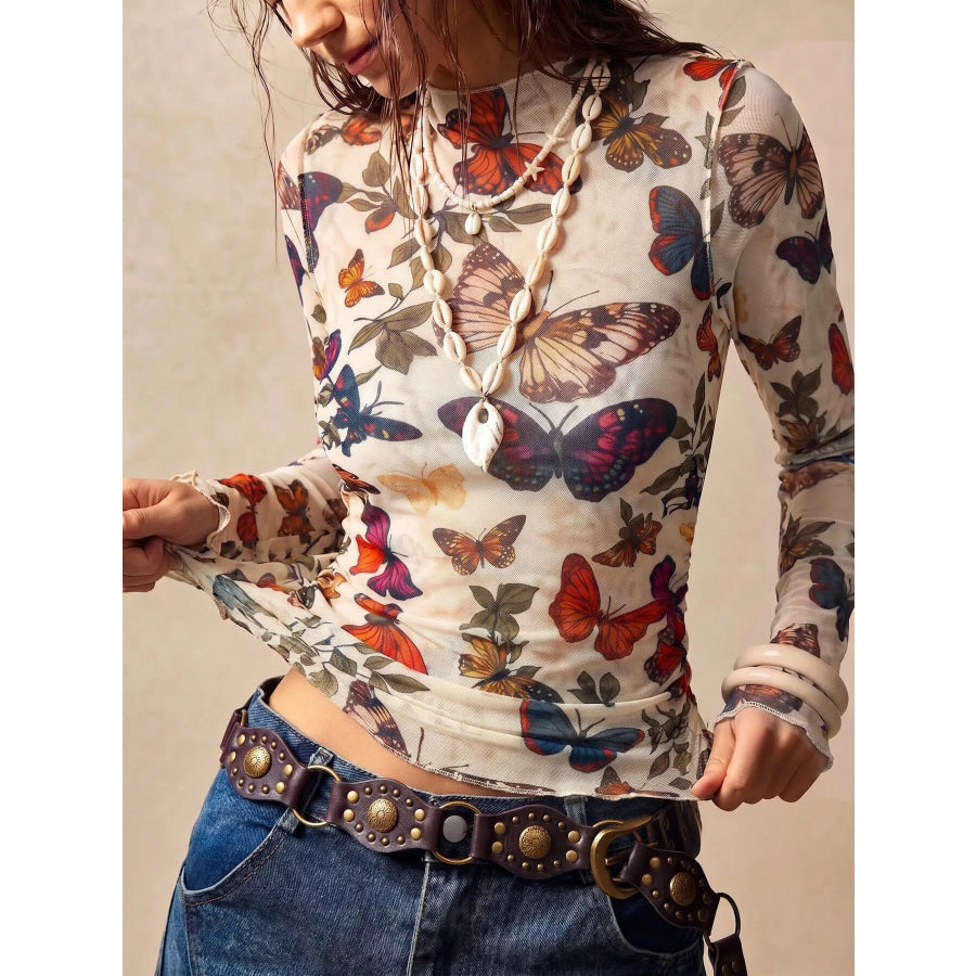 Butterfly Print Long Sleeve T-Shirt Apparel and Accessories