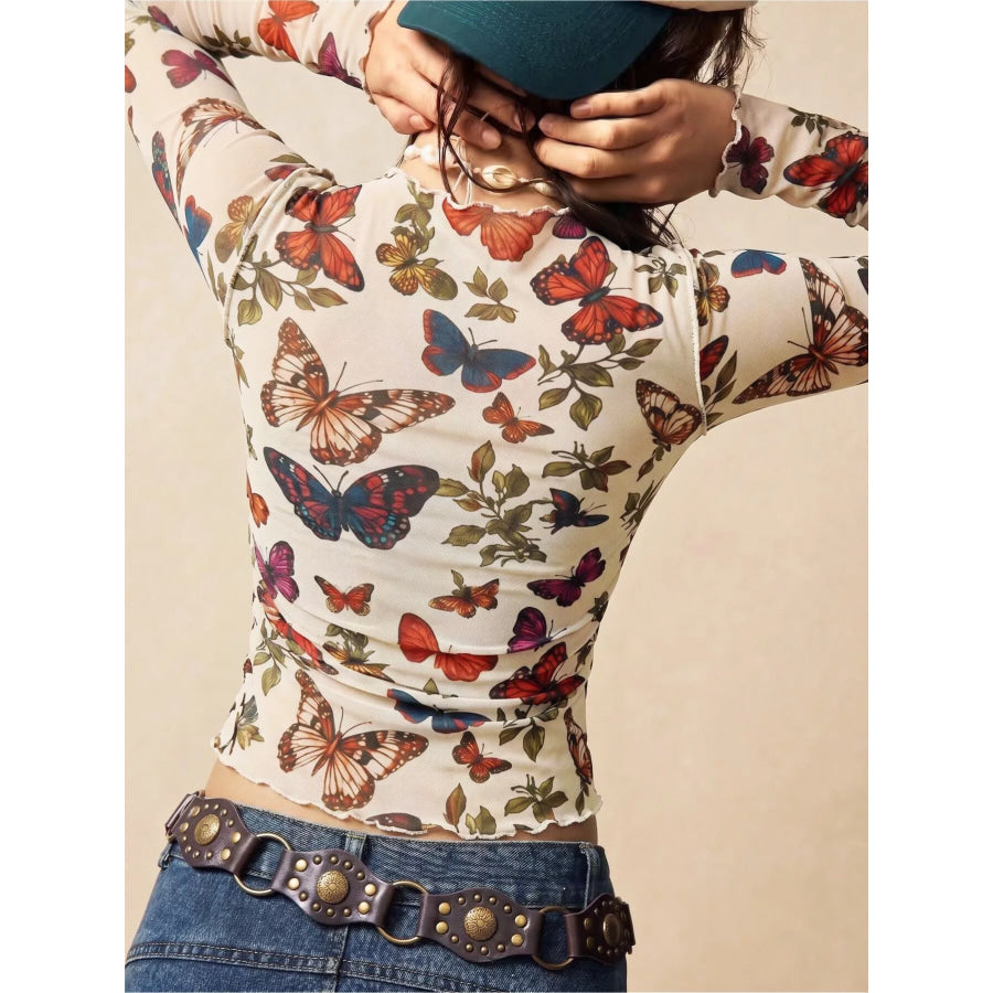 Butterfly Print Long Sleeve T-Shirt Apparel and Accessories