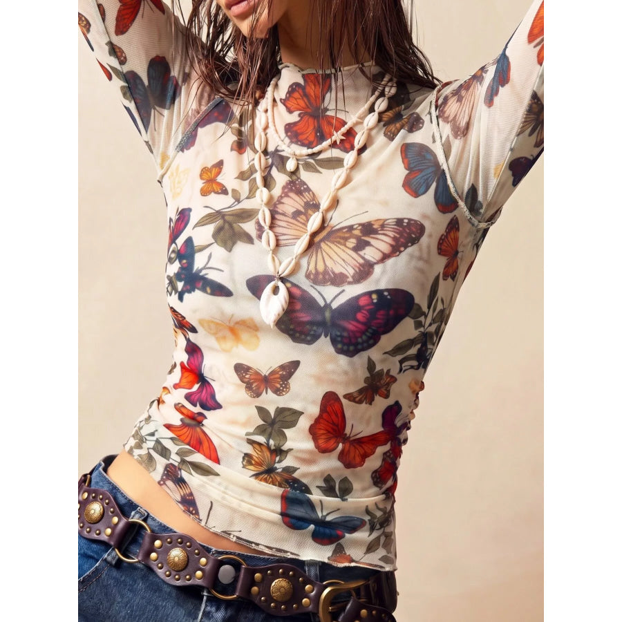 Butterfly Print Long Sleeve T-Shirt Pastel Yellow / S Apparel and Accessories