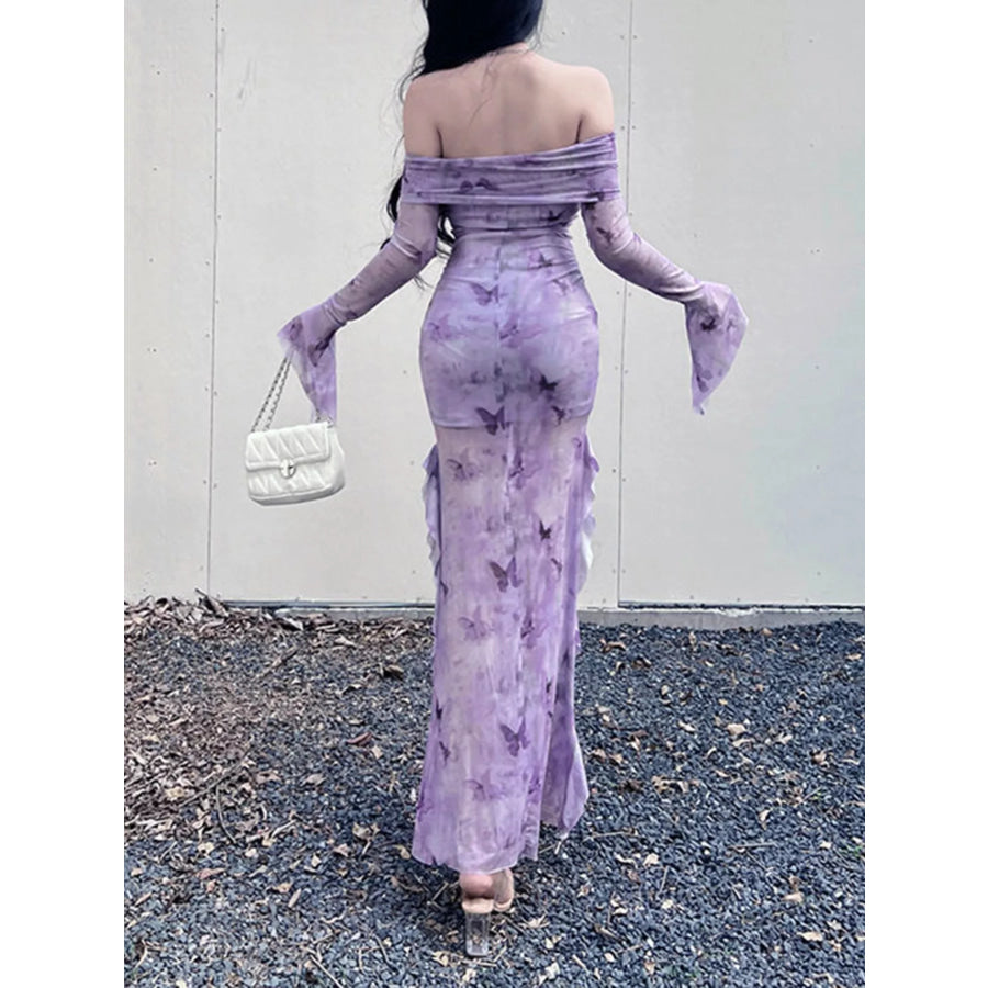 Butterfly Print Off-Shoulder Mesh Mermaid Dress Apparel and Accessories