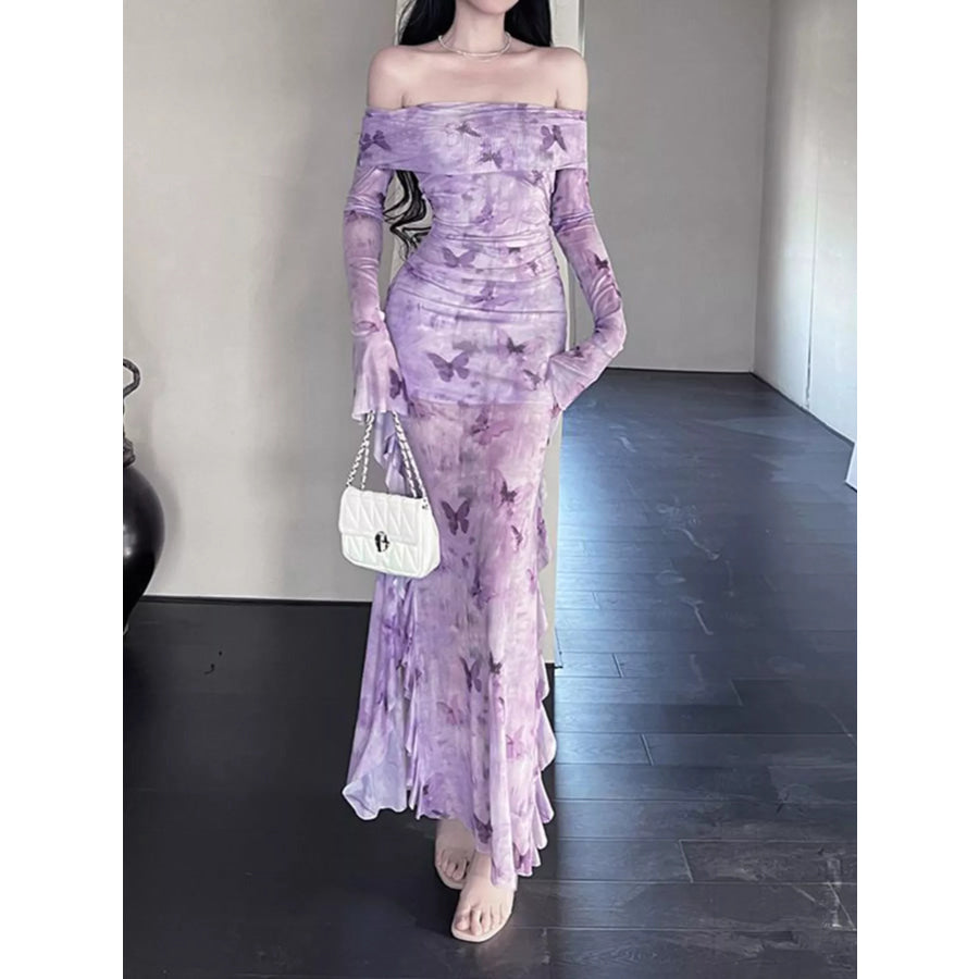 Butterfly Print Off-Shoulder Mesh Mermaid Dress Apparel and Accessories