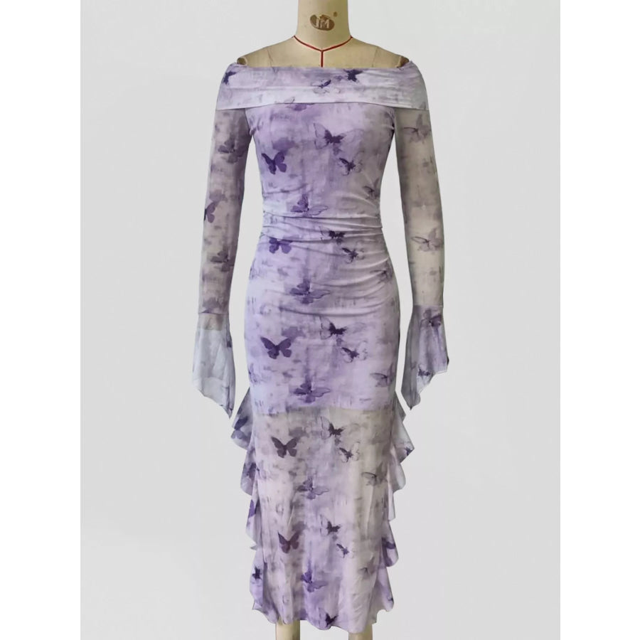 Butterfly Print Off-Shoulder Mesh Mermaid Dress Apparel and Accessories