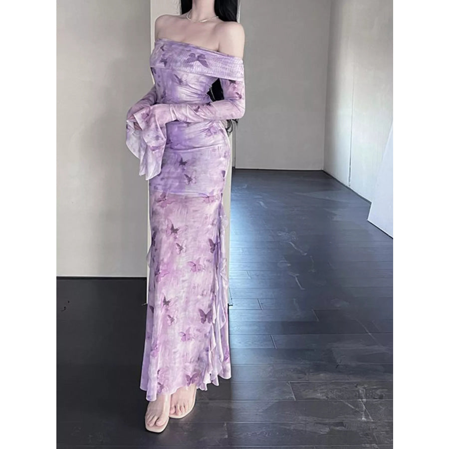 Butterfly Print Off-Shoulder Mesh Mermaid Dress Apparel and Accessories