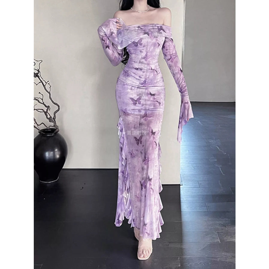 Butterfly Print Off-Shoulder Mesh Mermaid Dress Apparel and Accessories