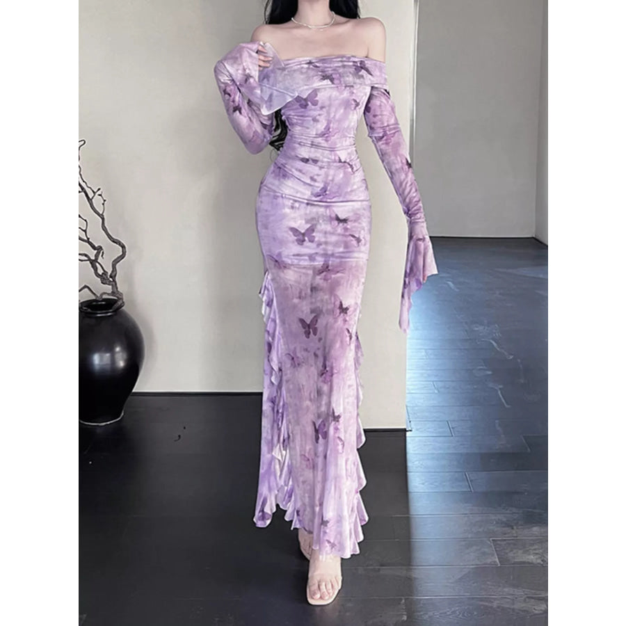 Butterfly Print Off-Shoulder Mesh Mermaid Dress Apparel and Accessories